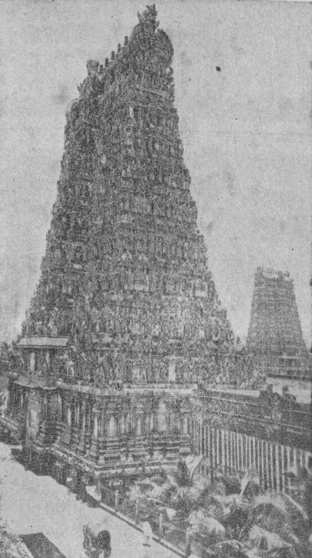 The Meenakshi Temple in South India is one of the most famous examples of the ancient Hindu temples, lavishly decorated with sculptures. To get an idea of its size, compare the temple with the cart on the road. The temple was built in 1560.