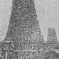 The Meenakshi Temple in South India is one of the most famous examples of the ancient Hindu temples, lavishly decorated with sculptures. To get an idea of its size, compare the temple with the cart on the road. The temple was built in 1560.